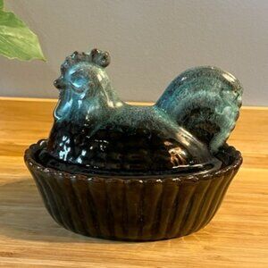 Hen on Nest Ceramic Pottery  Brown Blue Drip Glaze Vintage 1960's 1970's kitchen